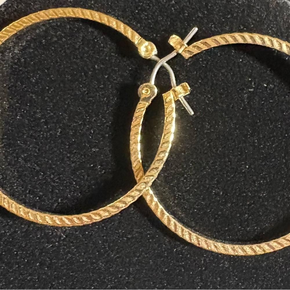 Medium sized gold tone textured hoops.